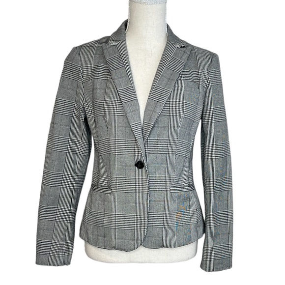 Banana Republic Black White Plaid Houndstooth Short Blazer 4 Small Classic Fit - Picture 1 of 11